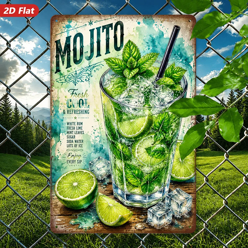 2D Flat, 1pc Metal Sign Wall Art, Mojito-Themed Home Decor, Lime And Mint Art, Vintage Style, for Bar, Kitchen Decor, Safe Round