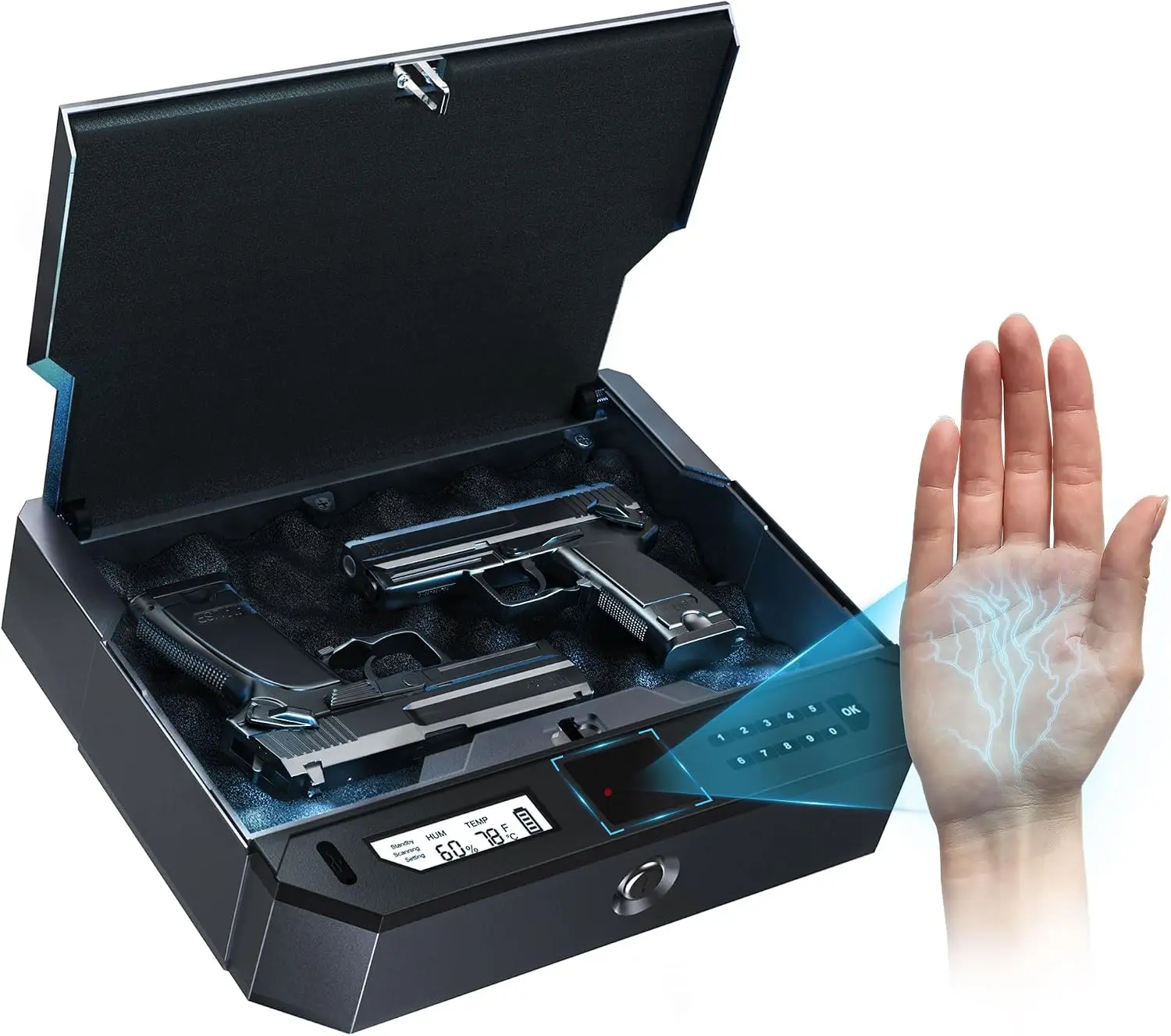 Biometric Gun Safe Contactless Palm Vein, Raise Palm to Open in 0.1s, 3-Way Unlock Keypad/Key Pistol Safe, Works with Any Hand &