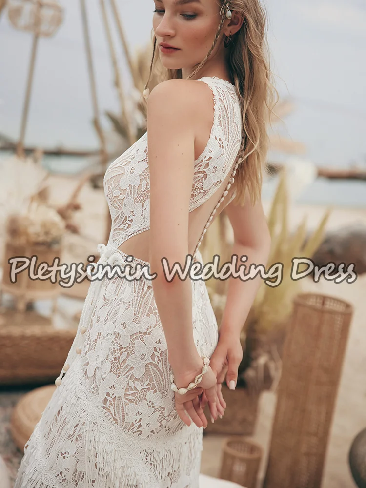 Boho Strand Trouwjurken 2026 Mouwloos Ronde Hals Fringe Gelaagde Kant Zeemeermin Bruidsjurk Romantische Robe De Mariée Aangepast