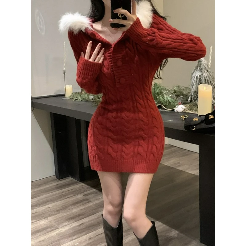 New Fashion Hooded Fur Collar Tight-fitting Dress 2026 Autumn/Winter Pure Desire Hot Girl Christmas Sexy Battle Dress for Women