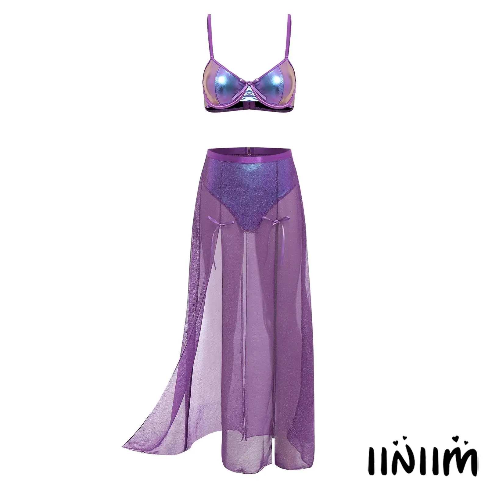 

Women Sultry Nightclub Ensemble with Metallic Mesh Skirt And Matching Bralette Perfect for Cosplay Evening Events Belly Dance