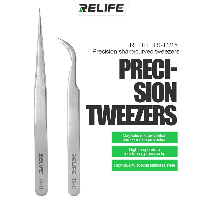 RELIFE TS-11/15 Precision Sharp and Curved Tweezers High-Quality Stainless Steel Forceps High Temperature Resistant Repair Tool