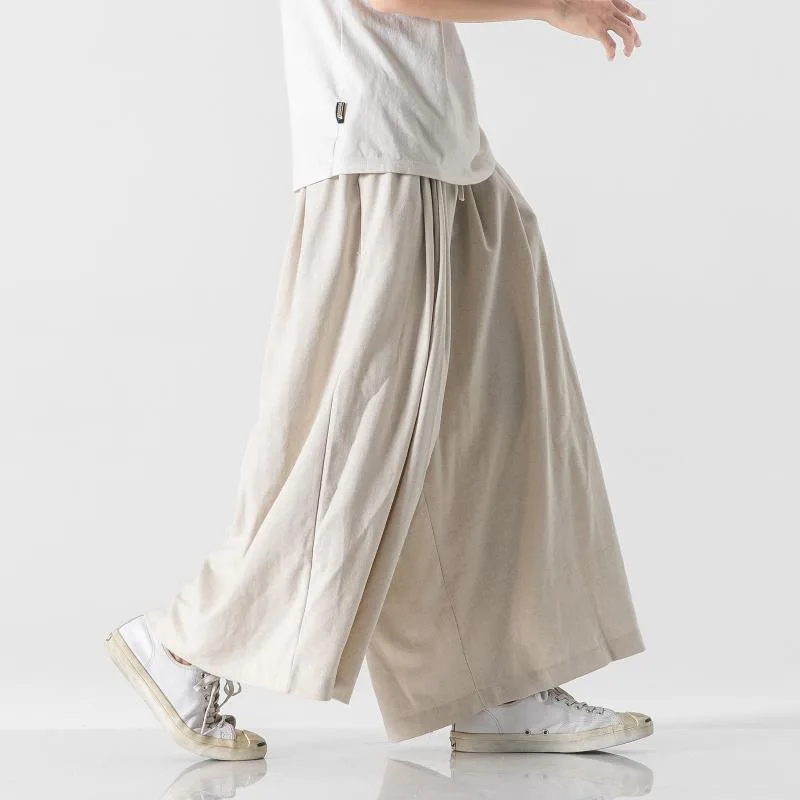 Men Chinese Linen Style Hanfu Song Dynasty Skirts Pants Male Solid Simple Wide Leg Loose Leisure Casual Vintage Trouser Pantalon