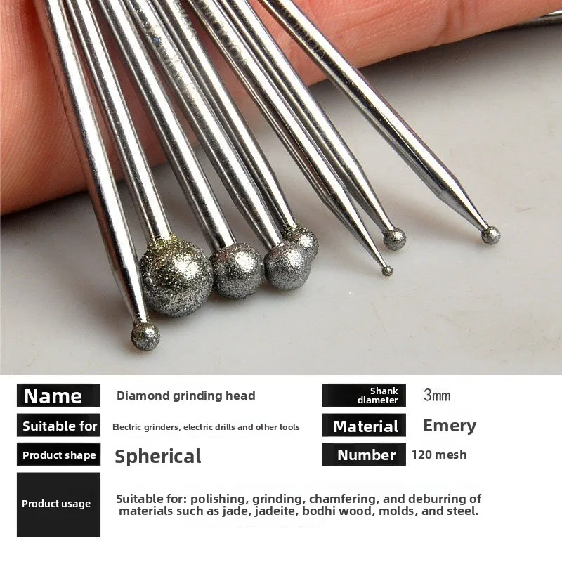3mm Shank Spherical Diamond Grinding Wheel Bit/Round Ball‑Shape Diamond Burr/Stone Ceramic Tombstone Lettering Engr Carving Tool