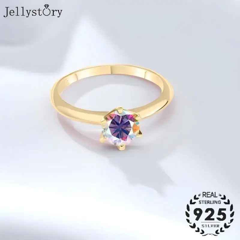 Jellystory S925 Silver Six Prong Round Moissanite Ring Simple Classic Style Match Everything Engagement Wedding Band