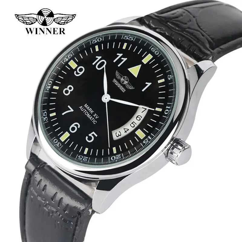 WINNER Mens Automatic Mechanical Watch Black/White Luminous Dial Black Leather Watches