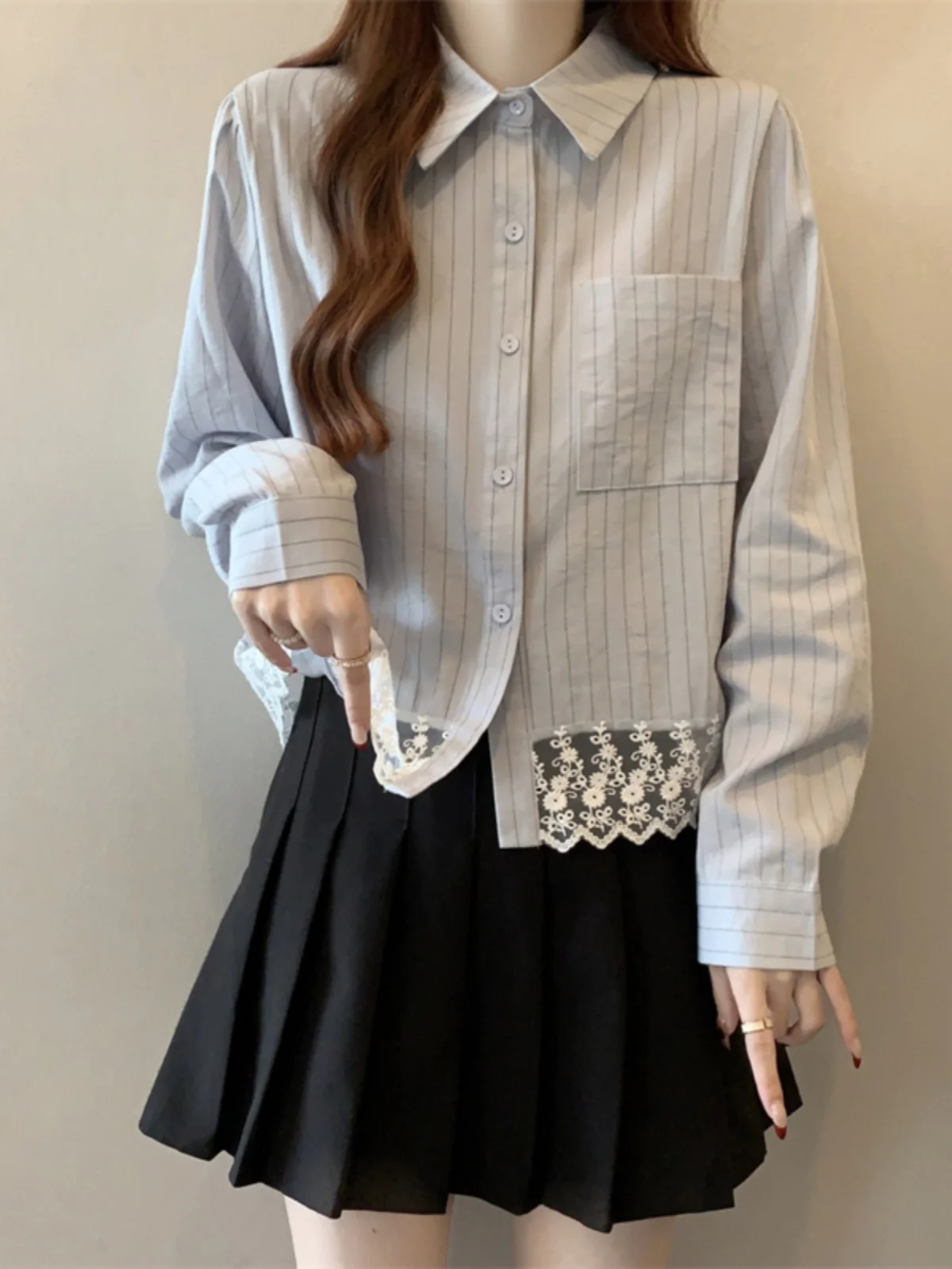 

Light Blue Striped Long Sleeve Shirt Women's Spring New Style Big Size Fat MM Lace Hemline Casual Comfortable Korean Style Top