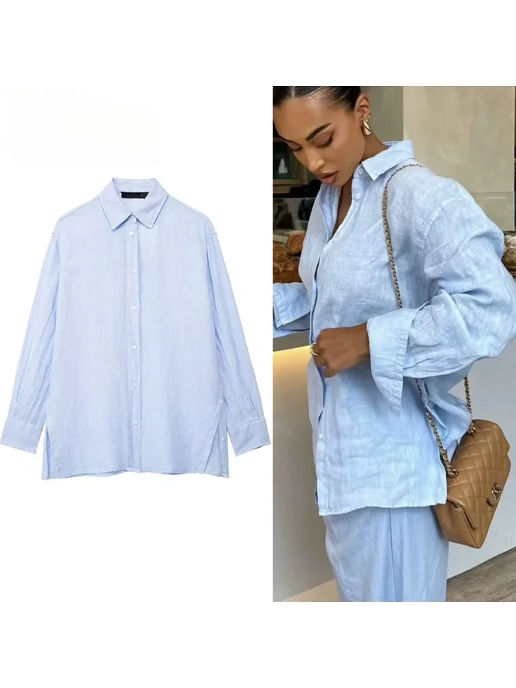 Women Fashion Long Sleeve Blouses 2024 Blue Linen Shirt for Women Long Oversize ShirtsSummer Loose Women\'s Casual Shirt