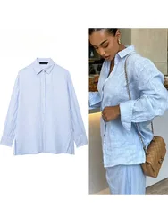 Women Fashion Long Sleeve Blouses 2024 Blue Linen Shirt for Women Long Oversize ShirtsSummer Loose Women's Casual Shirt