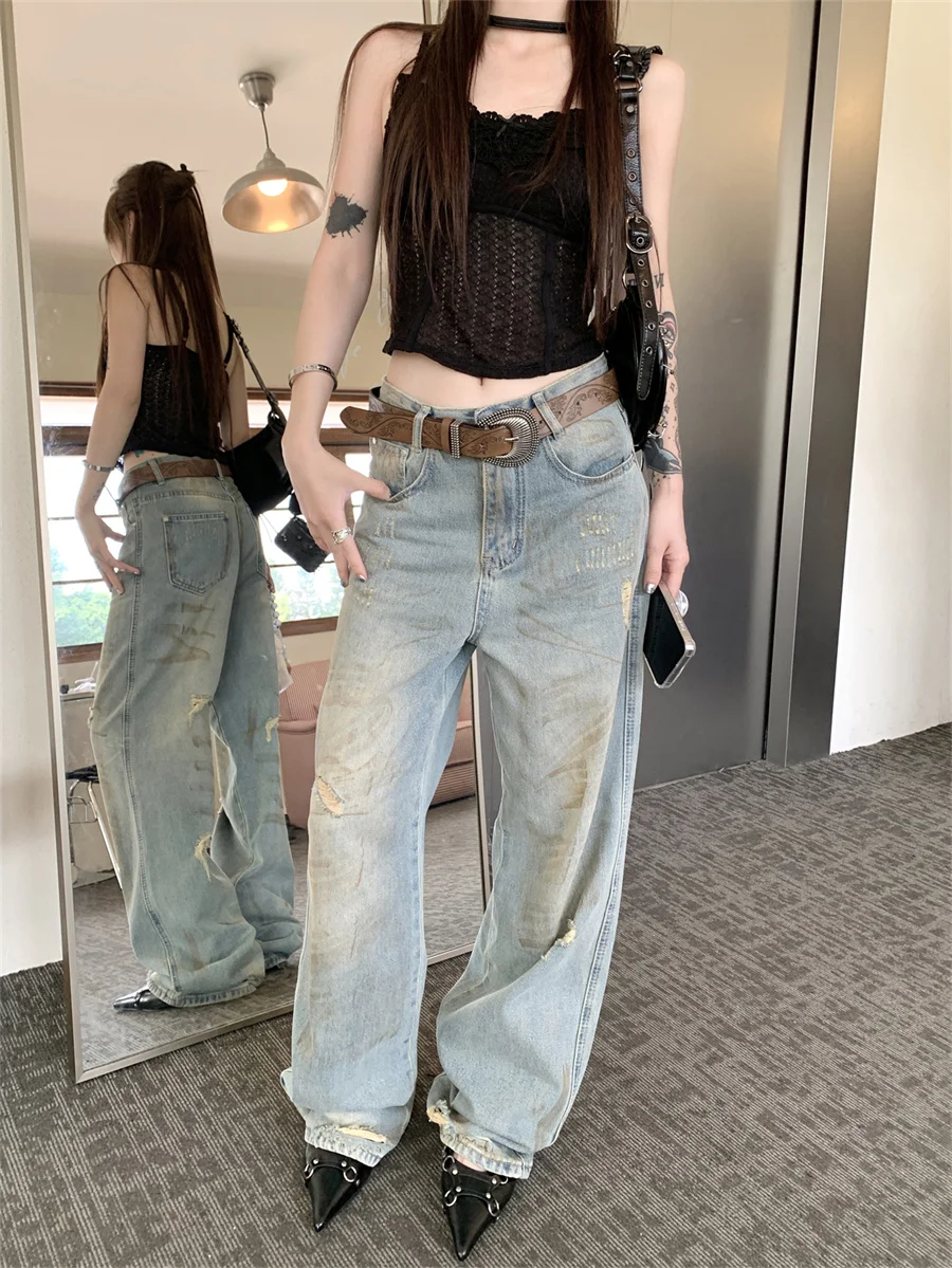 

Slergiri Women Y2k Baggy Wide Leg Jeans Vintage Streetwear Washed Denim Pants High Waisted Loose Ripped Jeans Without Belt