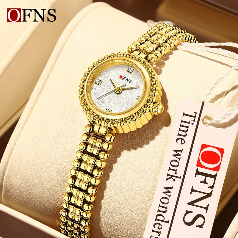 OFNS 1619 ساعة كوارتز نسائية فاخرة جديدة مع حزام فولاذي وسماء مرصعة بالنجوم ساعة مستديرة صغيرة ساعة عمل أنيقة reloj mujer