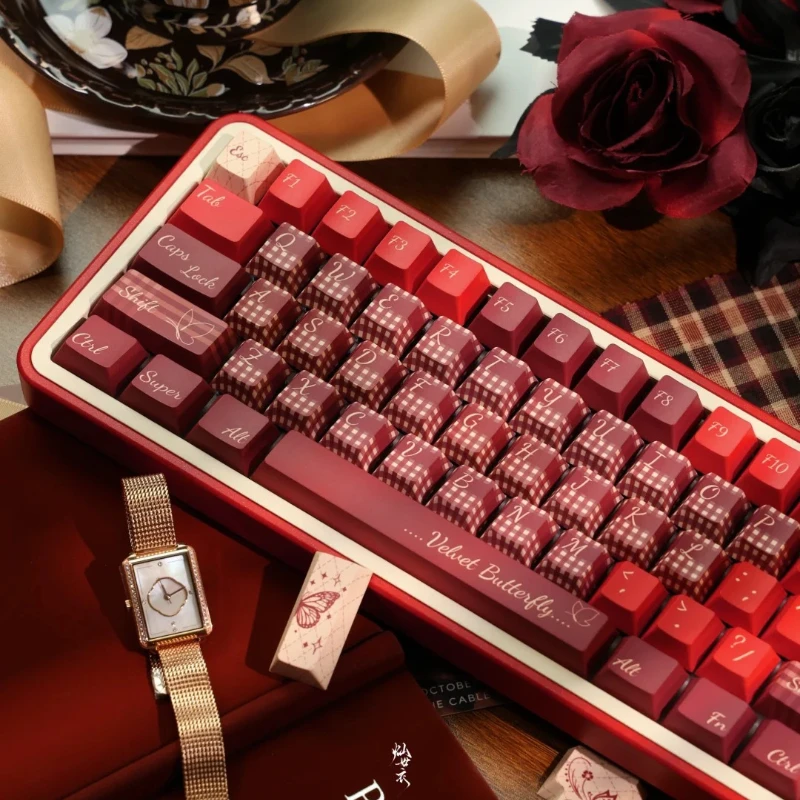 Red Bean South Country Theme Keycap Cherry Profile PBT Heat Sublimation Retro Plaid Personalized Keycaps for Mechanical Keyboard