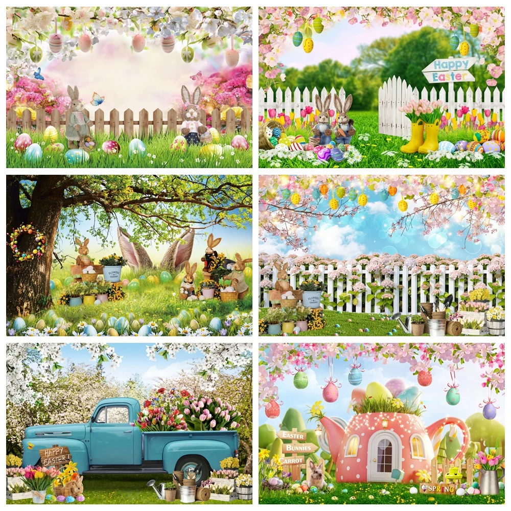 

Spring Easter Backdrop for Photography Rabbit Colorful Eggs Flower Bunny Truck Garden Easter Baby Shower Background Photo Studio