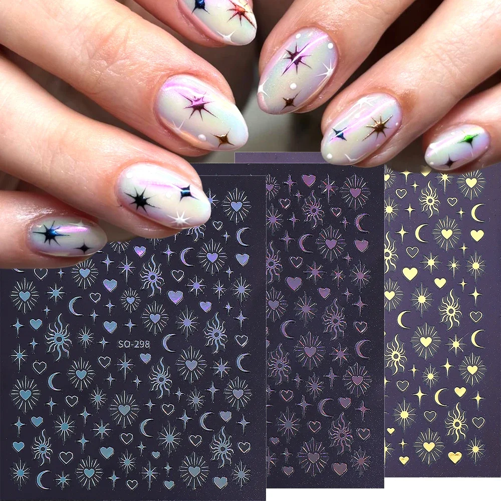 3/6 pçs y2k estrela adesivos de unhas ouro tira amor coração sol lua luz das estrelas forma decalques slider manicure decoração suprimentos para unhas