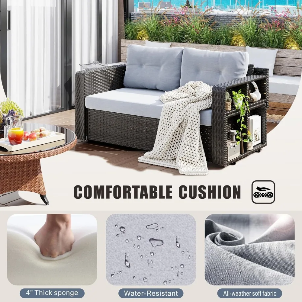 Sofá de vime para pátio com mesa longa dobrável, estrutura de aço para móveis de vime para exterior com assento profundo e encosto alto e almofada cinza