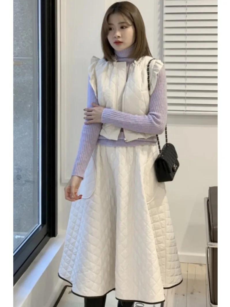 Women's Autumn Fashion Long Cotton Vest Cardigan Outerwear Diamond Pattern Wood Grain  Half Skirt Two-Piece Set