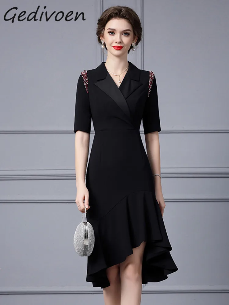 

Gedivoen Summer Fashion Runway Vintage Black Dress Women's Turn-Down Collar Diamond High Waist Irregularity Mermaid Midi Dress