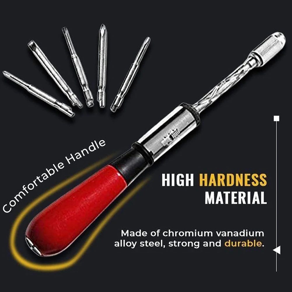 Professional Push Pull Ratchet Screwdriver Set 6 in 1 Wooden/Plastic Handle Press Rotating Spiral Screw Ratchet Screwdriver