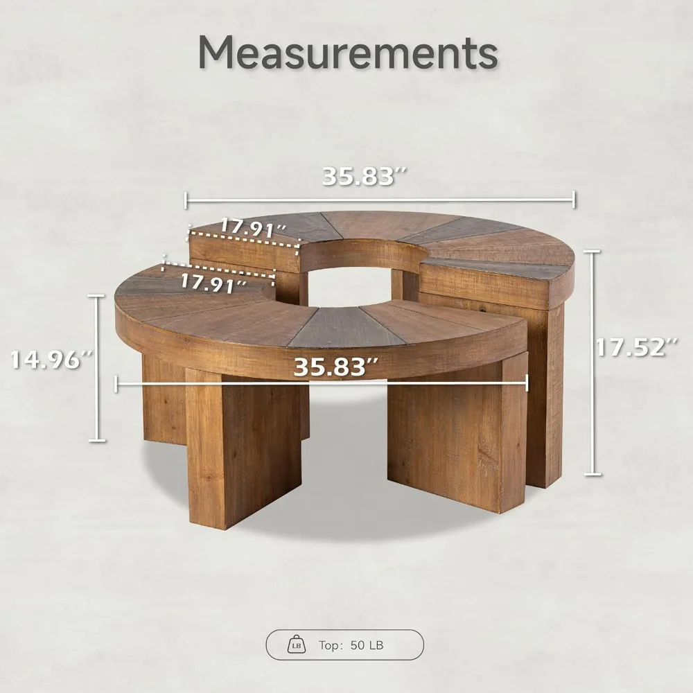 Rustic Round Coffee Table Set with Semi-Circular Design for Living Room