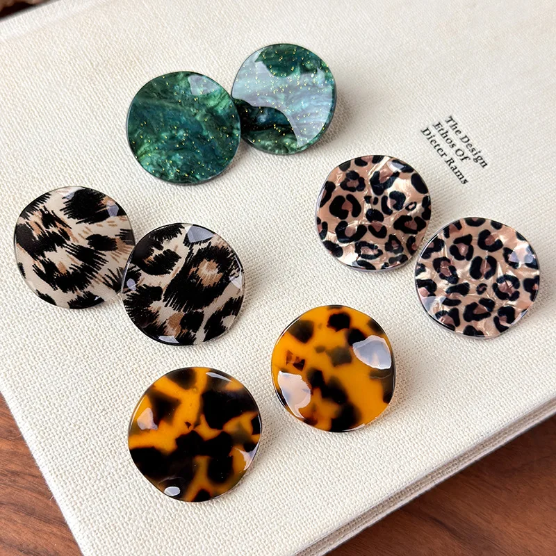 Earrings Retro Leopard Print Round Large Stud Women Acetate Brown Black Premium Chic Daily Party Travel Gift Lightweight