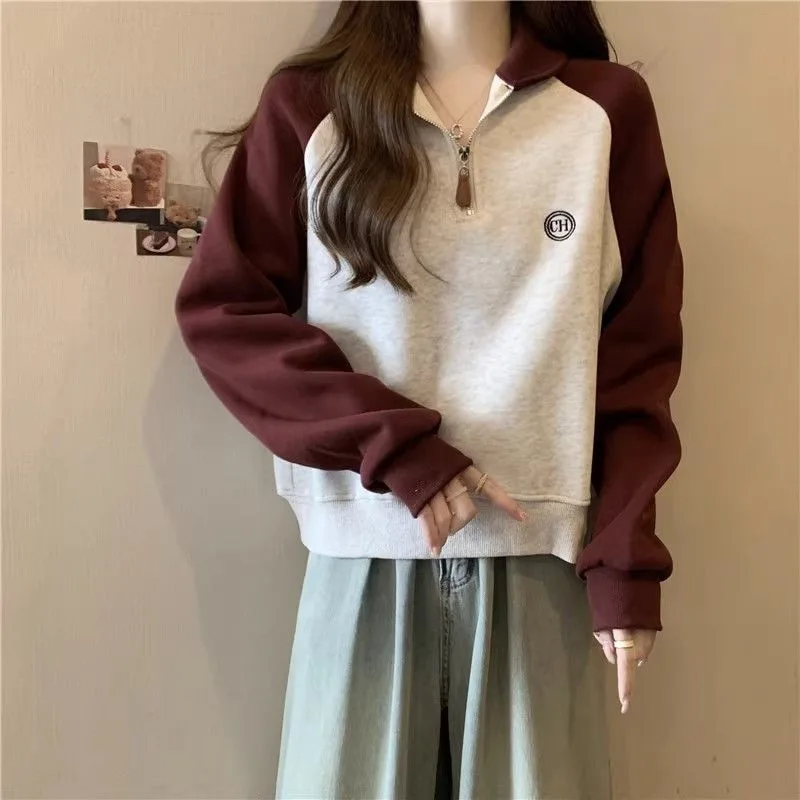 American Contrasting Raglan Sleeves with Plush Hoodie for Women's Autumn and Winter Casual Loose Vintage Half Zip Top