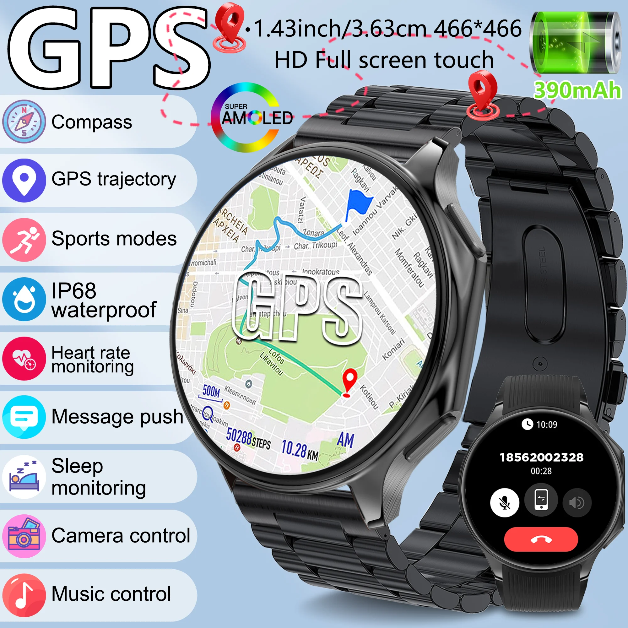 2025 nouvelle montre intelligente GPS 1.43 "AMOLED écran boussole fréquence cardiaque sport Fitness Bluetooth appel Compatible avec Android iOS