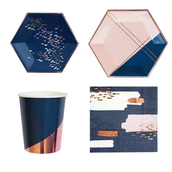 Ink Blue Rose Gold Pink Foil Party Disposable Tableware Lattice Cake Napkins Dish Disposable for Wedding Birthday Baby Shower