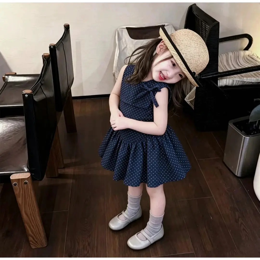 2026 Breathing Stylish Cool Summer Girls Cotton Polka Dot Bow Baby Girl Princess Cotton Style Vest Skirt