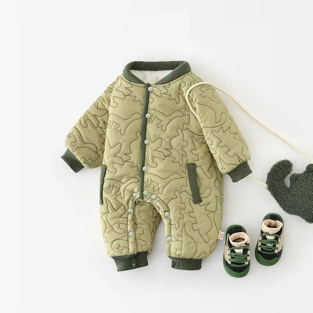 2025 Winter New Baby Long Sleeve Plus Velvet Thick Romper Infant Boy Girl Cute Dinosaur Embroidery Jumpsuit Toddler Warm Clothes