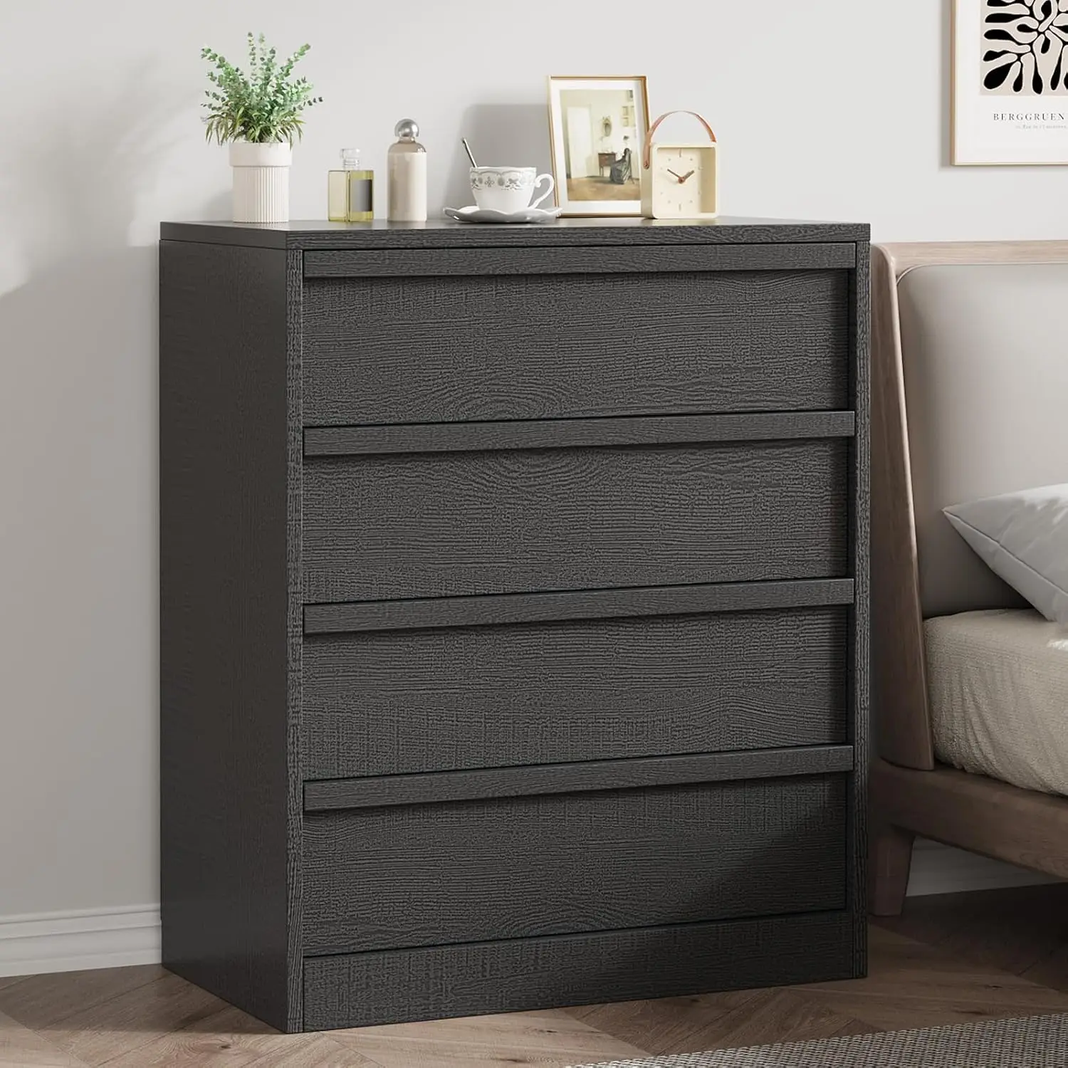 4-Drawer Wooden Nightstand with Large Storage & Anti-Tip Device for Bedroom Living Room Entryway, Customized