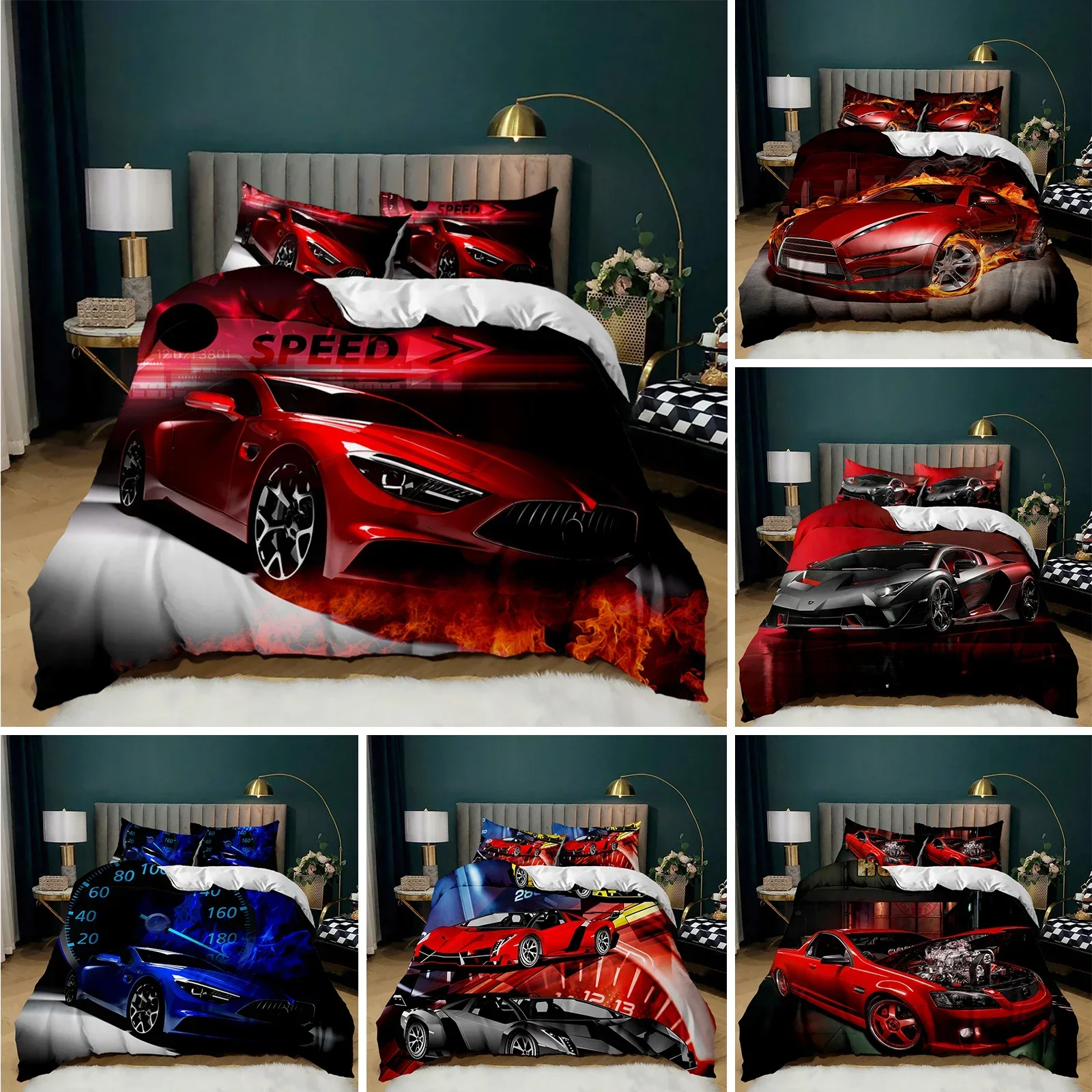 Race Car Bedding Set Twin Size Burning Red Flame Duvet Cover Set 3D Sports Car Comforter Cover King 2/3pcs Polyester Quilt Cover