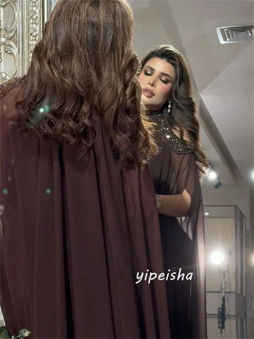 Customized Brown Modern Style Chiffon Beading Sequined Pleat A-line High Collar Long Dresses Evening Dresses Sizes Available image 2
