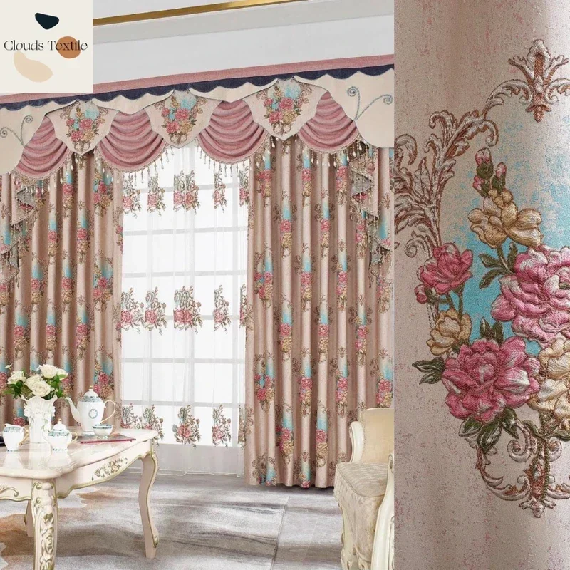 

European Luxury Embroidered Pink Curtains for Living Room Bedroom Dining Thick Embossed Jacquard Curtains Customize Tulle