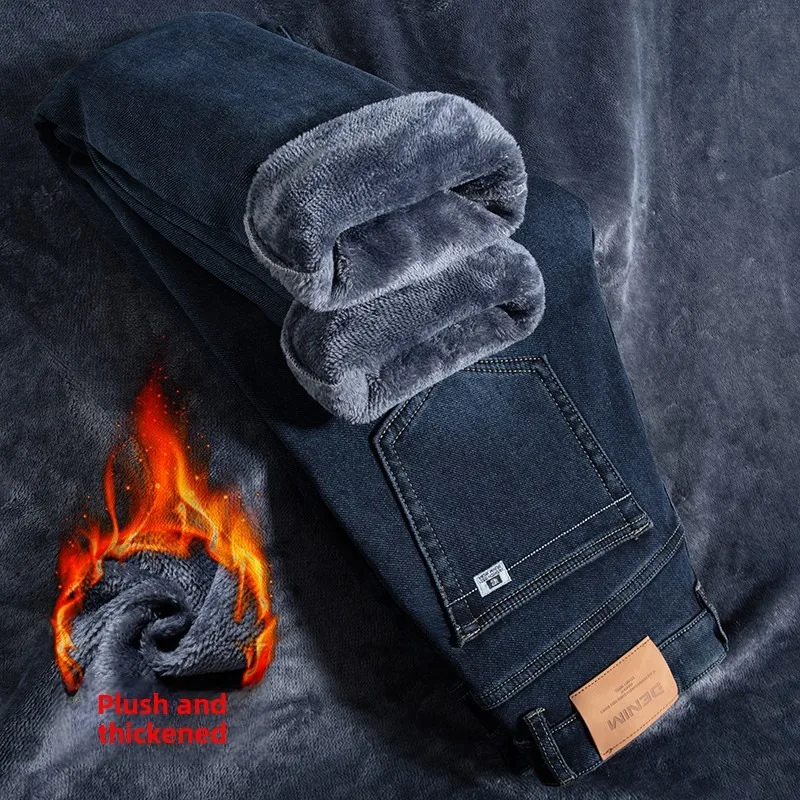 2024 Heren Winter Warm 3 Kleur Straight Thcik Fleece Jeans Mode Casual Baggy Klassieke Stijl Effen Denim Broek Mannelijke Kleding