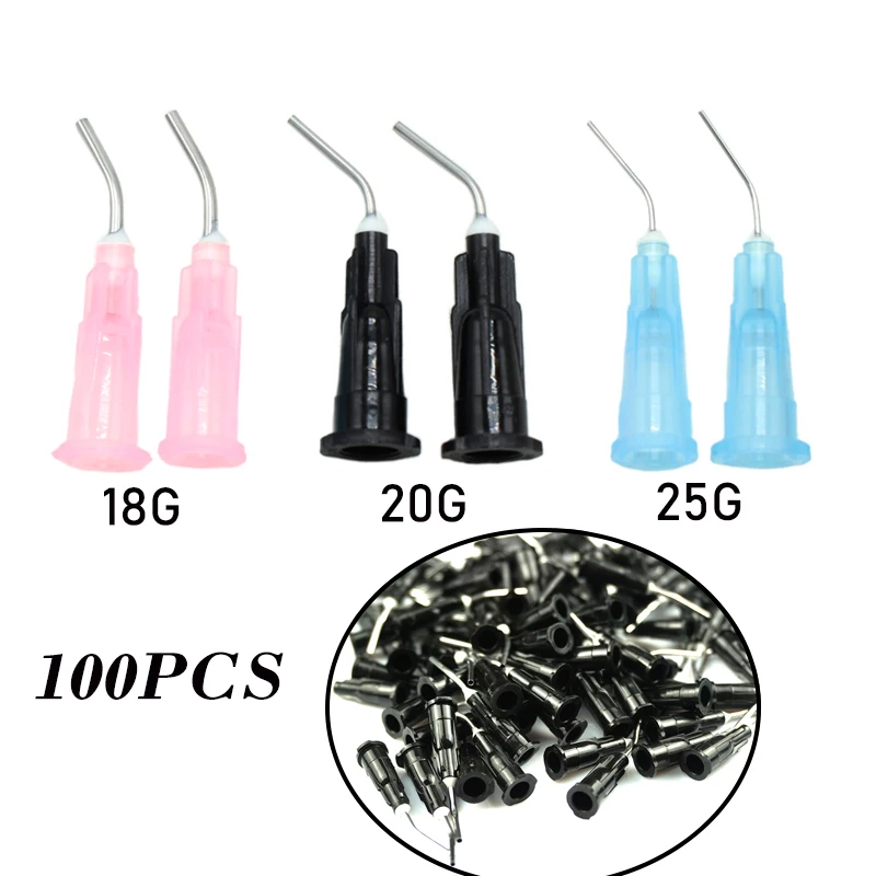 100Pcs Irrigation Bent Needle Tips Dental Flow Sealant Etchant Composite Resin Acid Reagent Delievery Syringe Tips Equipment