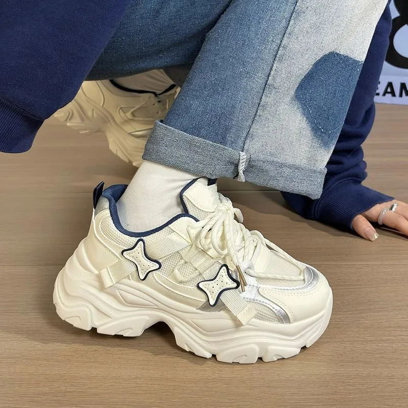 Sneakers for Women Fashion Height Increasing Chunky Dad Shoes Spring and Autumn Women Mesh Breathable Lace Up Vulcanize Shoes