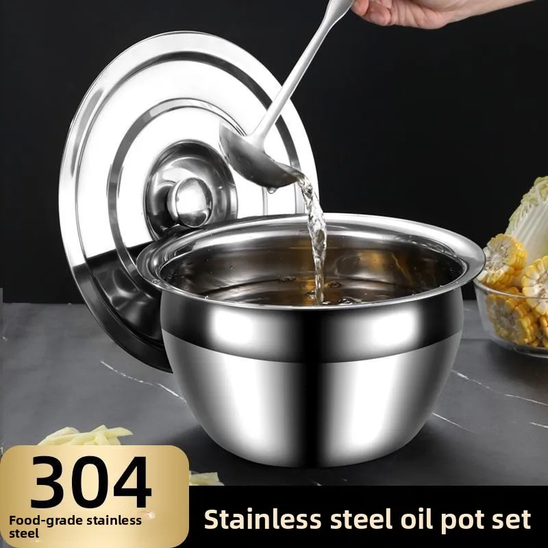 Recipiente Tradicional Rural de Acero Inoxidable para Grasa de Cerdo, Tazón Especial para Sazonar, Utensilios de Comedor Chinos de Forma Redonda