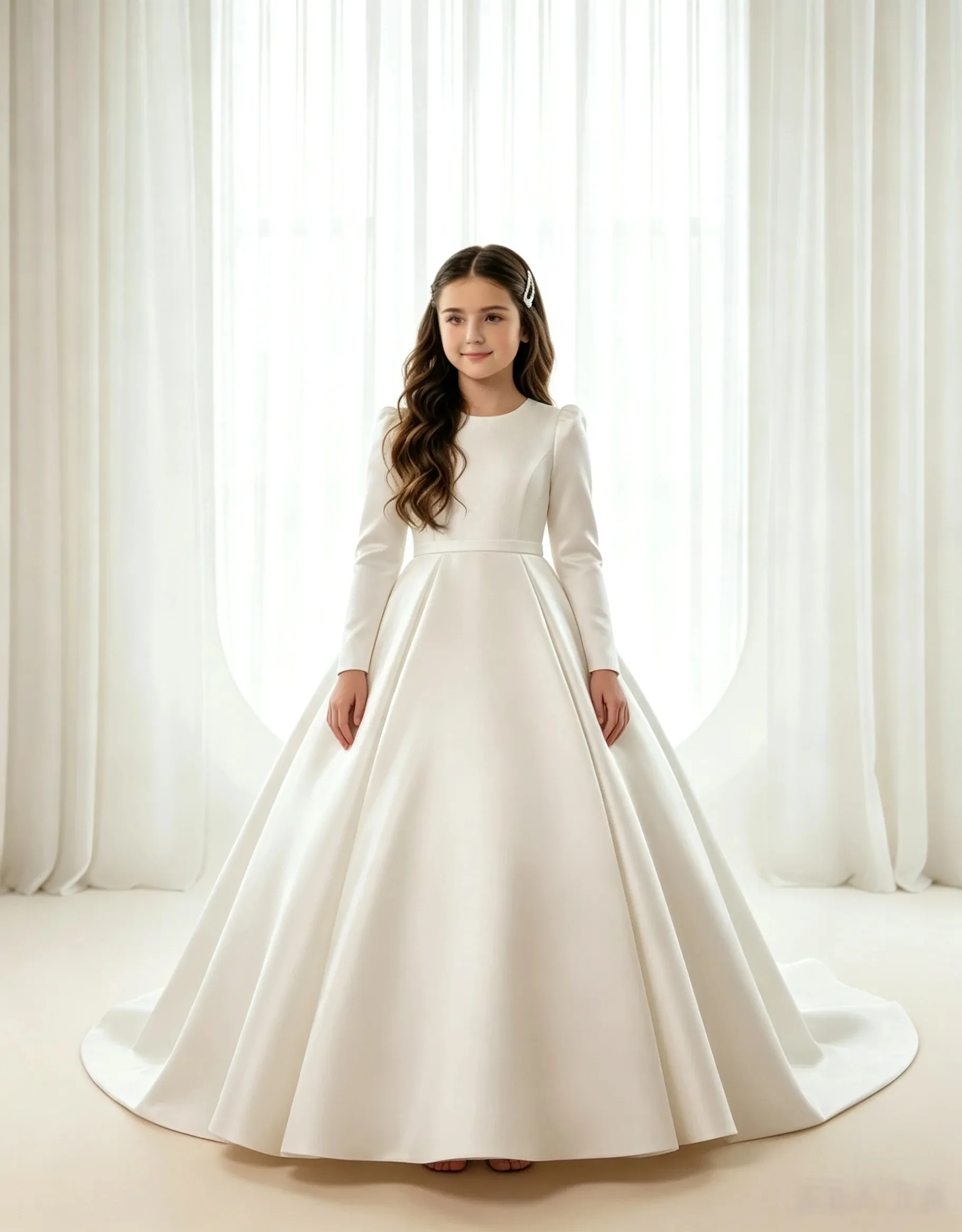 Wedding Flower Girl Communion Dress Girls Satin First 2026 Elegant Round Neck Slim Fit Drape A-Line Puffy Princess Dress Formal