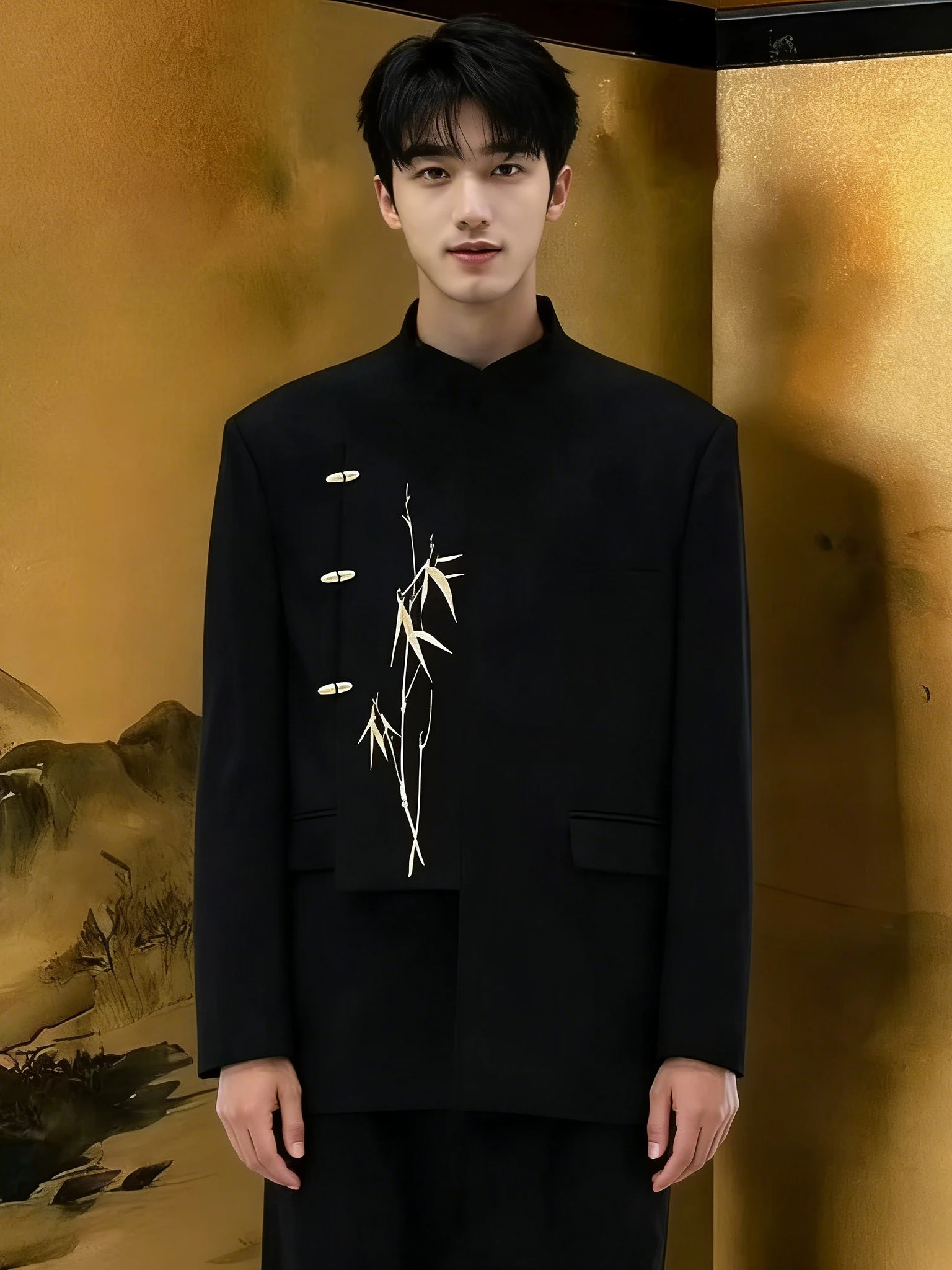 

Chinese Sle Men's Engagement Suit Bla Tailored Jaet Gold Bamboo Embroidery Stand Collar Adult Ceremony Formal Wear