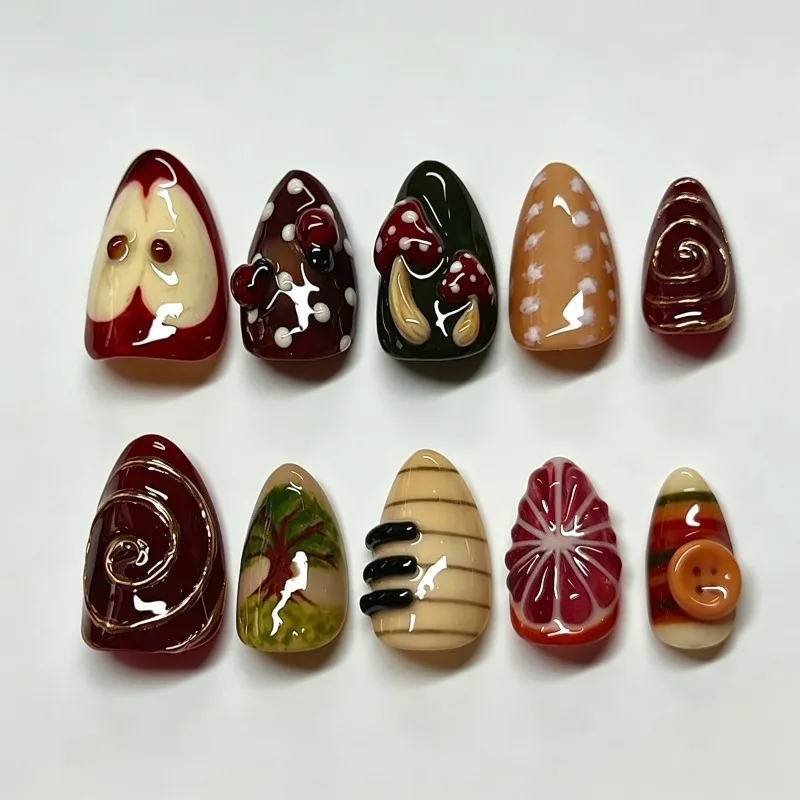 24PCS 3D Mushroom Almond Press on Nails Hand-painted Cute Apple Golden Spiral Polka Dot French Fake Nails Wearable Nail Manicure