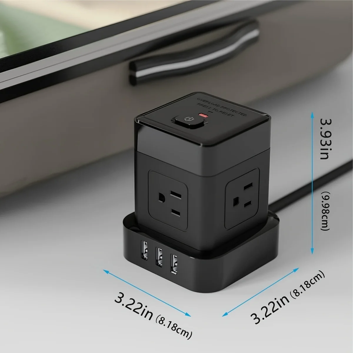 A 7-in-1 Multifunctional Power Cube That Integrates 4 Ac Outlets and 3 USB Ports, Capable of Charging Multiple Devices Simultaneously It Features a 9-Layer Safety Protection System, Including Surge Protection, Overvoltage/Overcurrent Protection, Short Circuit Protection, Etc. Equipped with a Switch and a 5-Foot Power Cord, It Ensures Safe and Flexible Power Distribution, Meeting Diverse Needs Whether at Home, in the Office, or on the Go.
