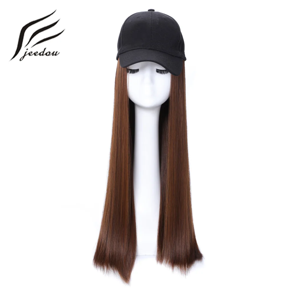 Jeedou Synthetic Hair Wigs Baseball Cap with Wig Long Straight Hair with Cap Black Sunhat Black Brown Color for Women Girls