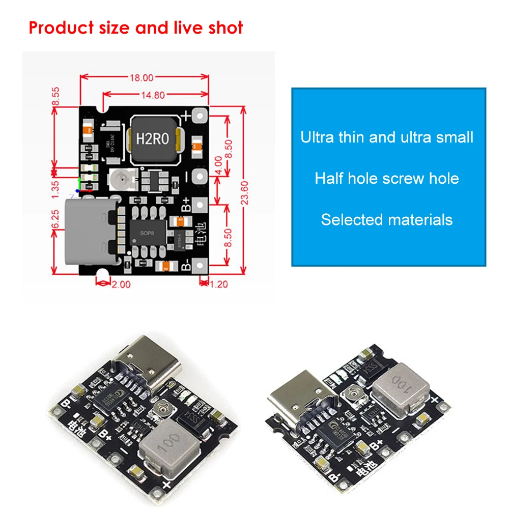 Step Up Boost Module 18650 Bateria de Lítio Placa de Carregamento e Descarga, Tipo-C DC Booster Converter Module, 3.7V a 9V, 5V, 2A