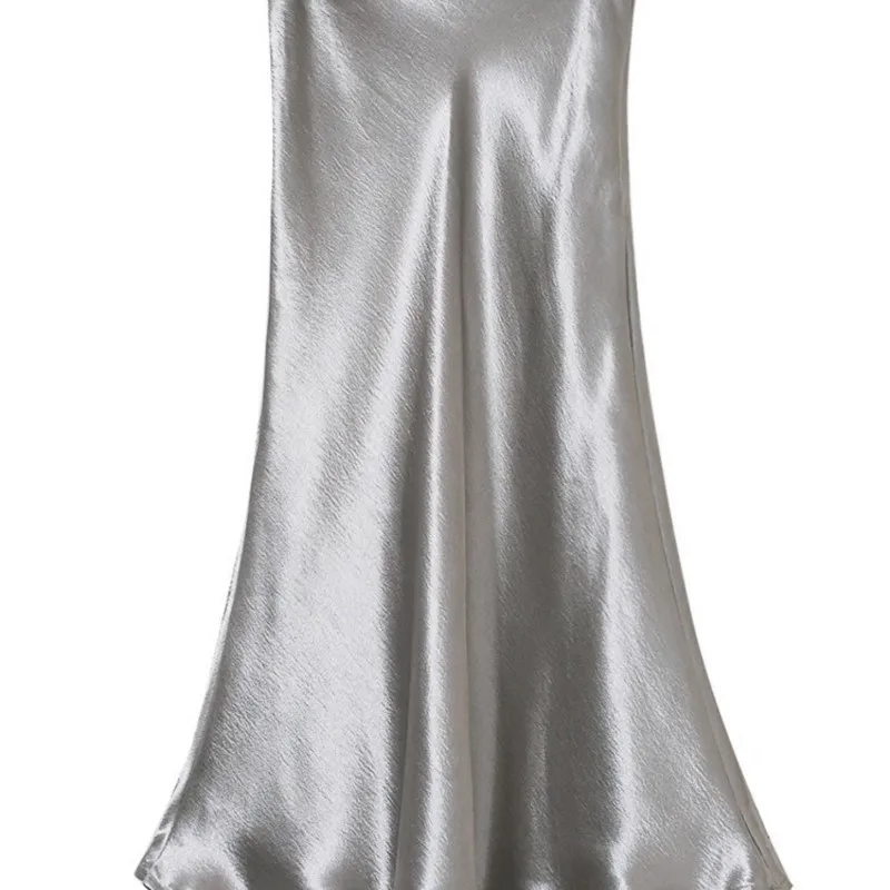 

Bella Philosophy Self Design Summer glossy satin trumpet high waist skirt Silver gold long skirt Metallic Color party skirt