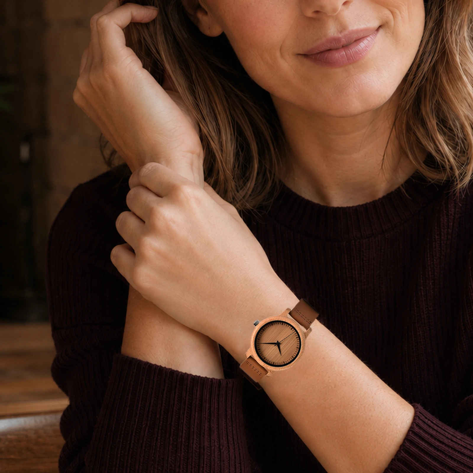 BOBO BIRD Natural Bamboo Wooden Watch Quartz Lightweight Wristwatch Brown Leather Strap Minimalist Birthday Gift for Him Her