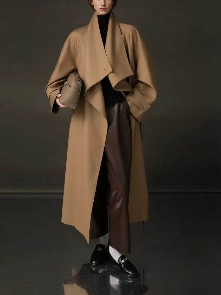 Spring Women Stand Collar Loose Fit Single Button Fashion Trench Sashes Designer Long Coat Office Ladies Elegant Windbreakers