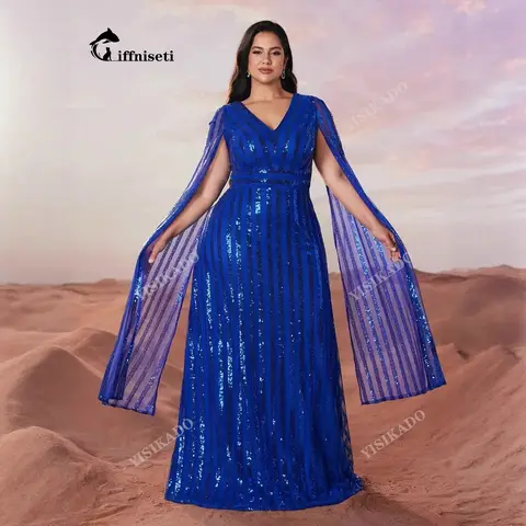 Plus Size Elegant Long Evening Gown with Sequins V-Neck Floor-Length Sleeve Ultra Slimming High Quality plus Size Dress