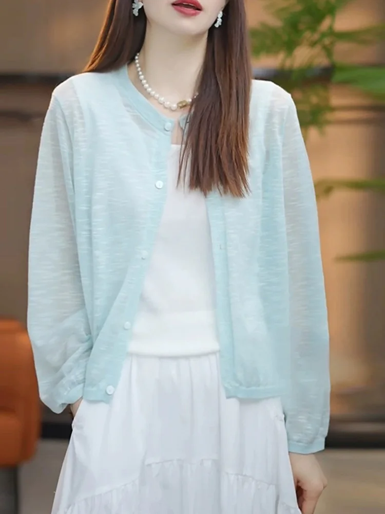 Blauwe lichtgewicht zonbescherming gebreide trui dames bovenkleding open vest zomer nieuwe Koreaanse Sle losse top