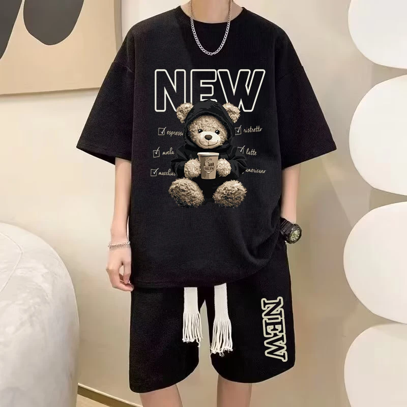 Oversized Men Causal Suits M-5XL American Style Loose Sets Cartoon Cute T-shirts Shorts 2 Piece Set Summer Breathable Tracksuits