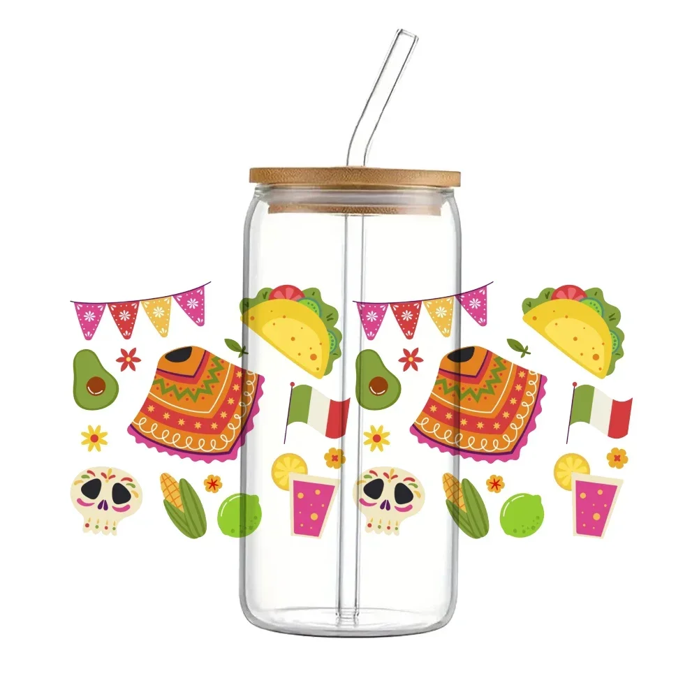 Mexican Style Designs 11x24cm For Libbey 16oz Can Glass 3D Waterproof UV DTF Coffee Can Wrap Libbey Glass Wrap